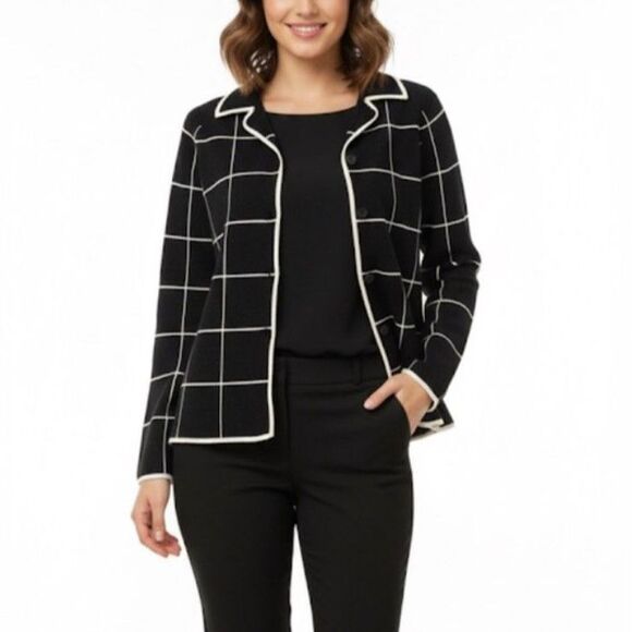 Mercer & Madison Black Ivory Windowpane Knit Sweater Lady Jacket Cardigan Size L - Picture 1 of 9
